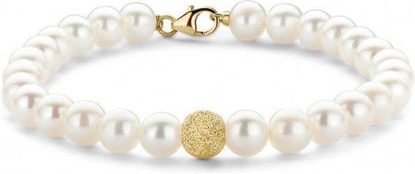 Diamond Point Geelgouden armband witte zoetwaterparel Riviè, ra