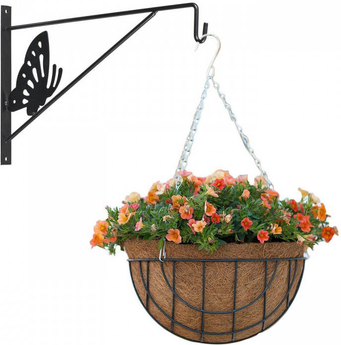 Merkloos Hanging Basket Met Muurhaak Vlinder Antraciet En Kokos Inlegvel Metaal Complete Hangmand Set Plantenbakken