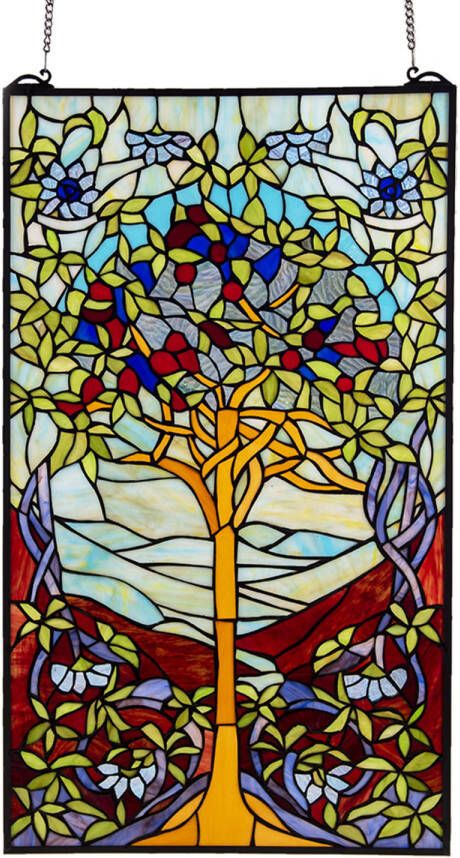 Clayre & Eef Lumilamp Glaspaneel Tiffany 50x1x85 Cm Groen Glas Rechthoek Boom Glaskunst Glas In Lood Paneel Glas In Lood Hanger
