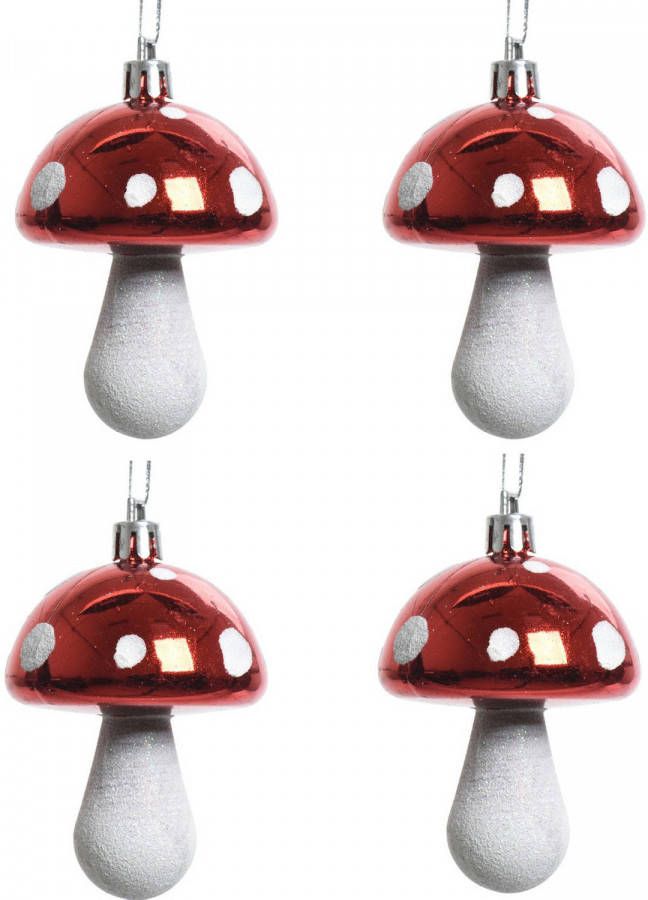 Decoris 4x Kerstboomhangers Rode Paddenstoelen 7 Cm Kerstversiering Kersthangers