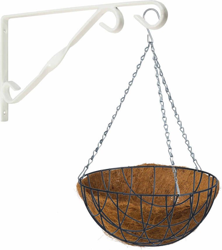 Merkloos Hanging Basket 35 Cm Met Klassieke Muurhaak Wit En Kokos Inlegvel Metaal Complete Hangmand Set Plantenbakken