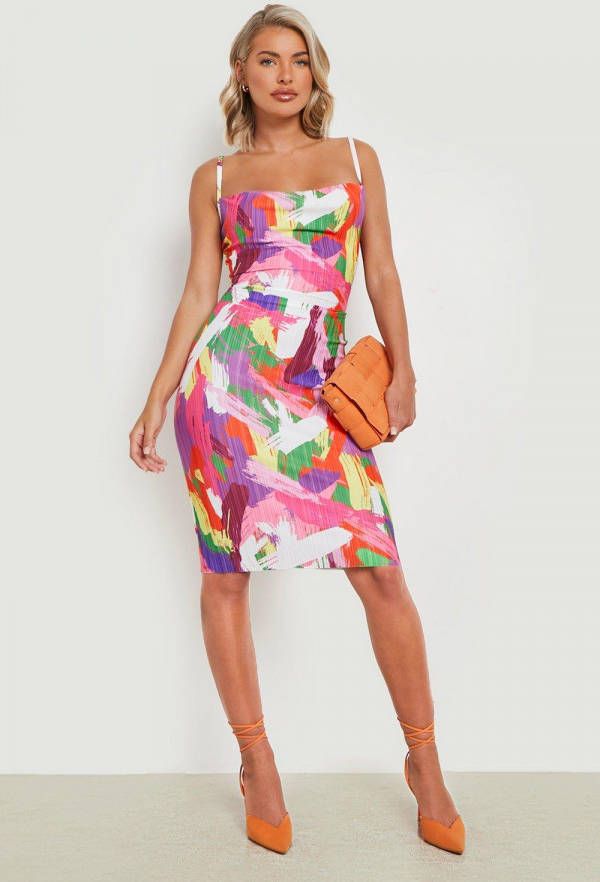 boohoo Abracte Plisse Midi Jurk Met Waterval Hals, Multi