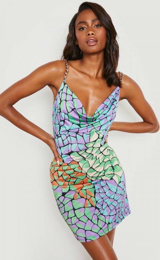 boohoo Strand Jurk Met Abstracte Print En Ketting, Blue