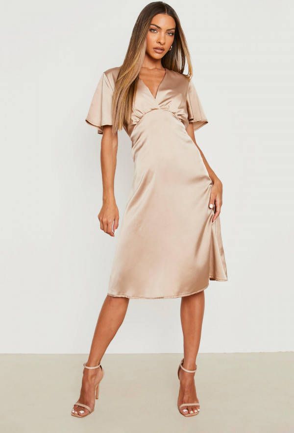 boohoo Satijnen Midi Jurk Met Engelenmouwen, Mocha