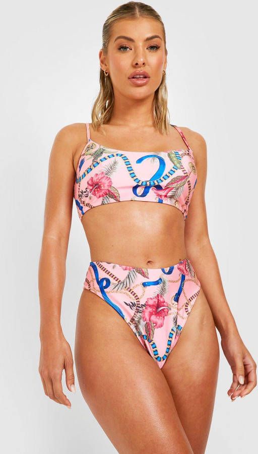 boohoo Bloemen En Kettingprint High Waist Bikini Set Met Lage Ronde Hals, Pink