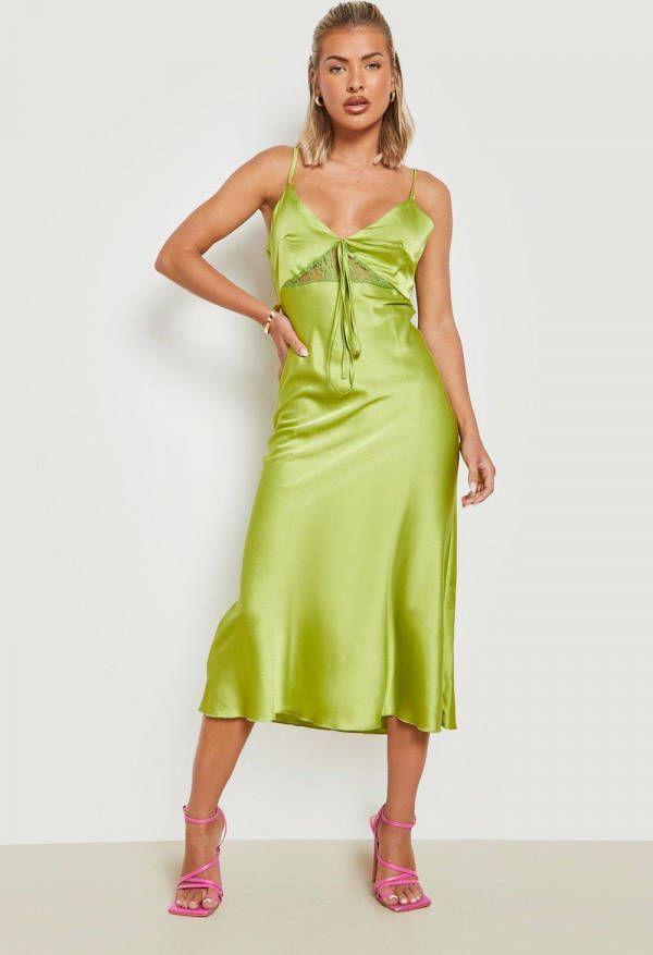 boohoo Contrasterende Satijnen Kanten Midi Jurk, Chartreuse