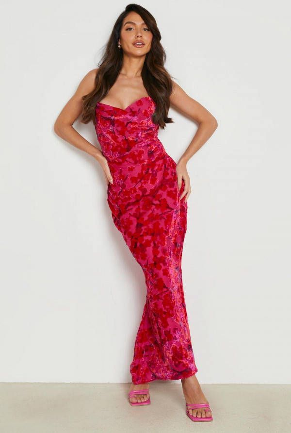 boohoo Devore Maxi Jurk Met Waterval Hals, Hot Pink