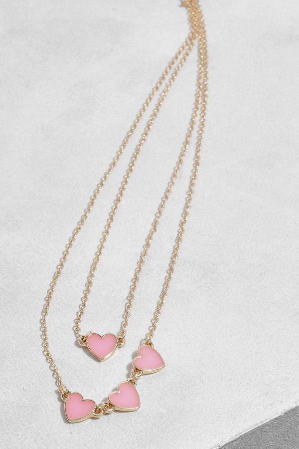 boohoo Dubbele Roze Harsen Hartjes Ketting, Pink