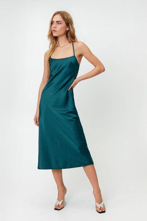 boohoo Duurzame Satijnen Midi Jurk Met Vierkante Hals, Dark Green