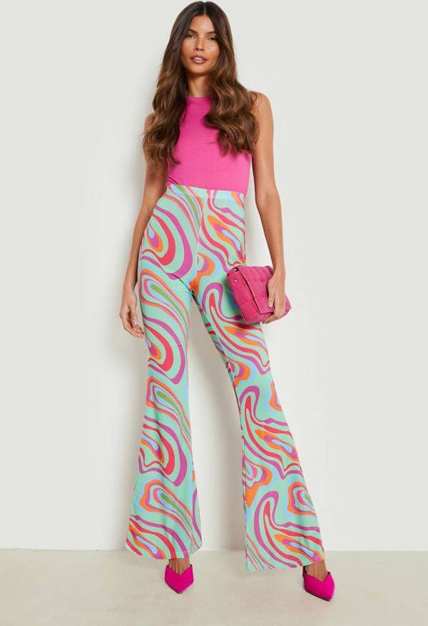 boohoo Flared Broek Met Abstracte Print, Purple