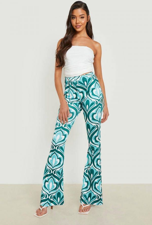 boohoo Flared Broek Met Abstracte Print, Teal
