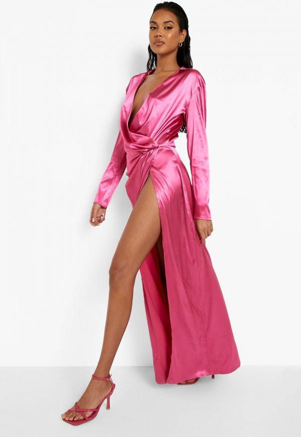 boohoo Gedraaide Satijnen Maxi Jurk Met Laag Decolleté,, Hot Pink