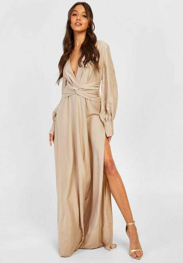 boohoo Gedraaide Satijnen Midi Jurk, Champagne