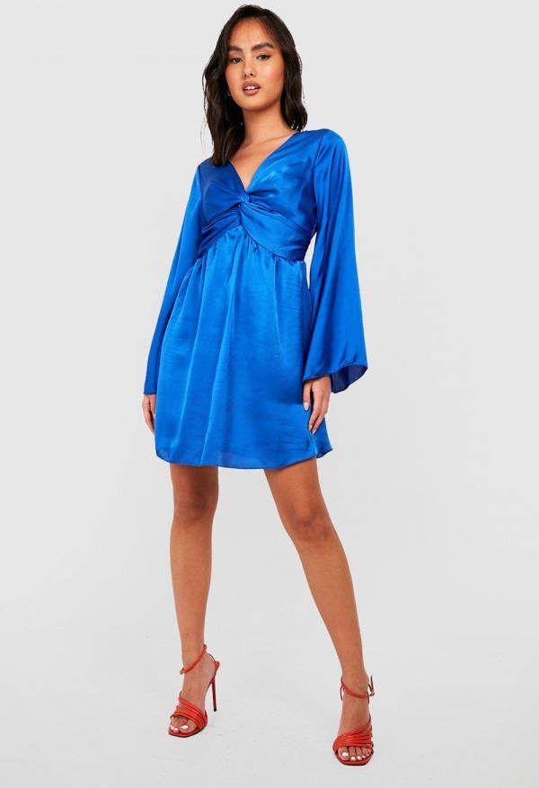 boohoo Gedraaide Satijnen Skater Jurk Met Wijde Mouwen, Cobalt