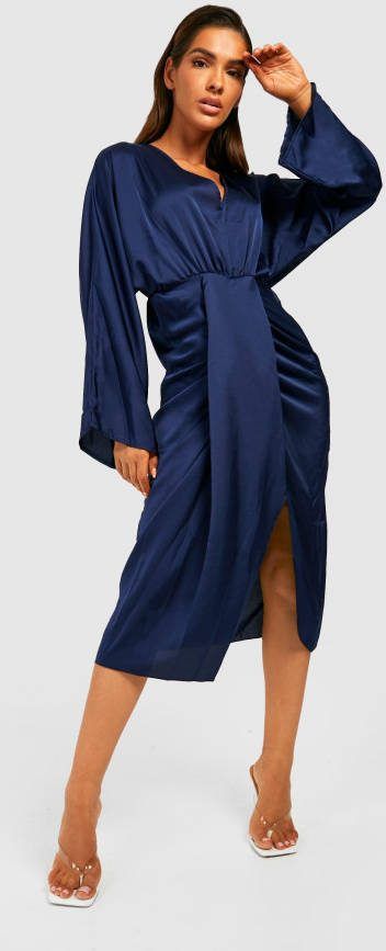 boohoo Gedrapeerde Satijnen Midi Jurk, Navy
