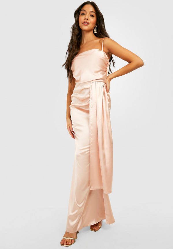 boohoo Gedrappeerde Satijnen Maxi Jurk, Champagne