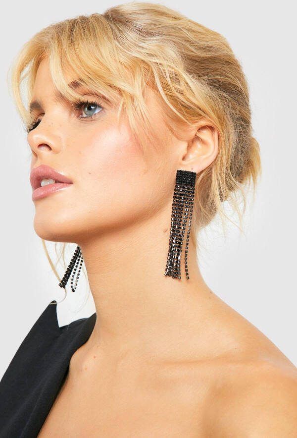 boohoo Gerafelde Hangende Oorbellen Met Steentjes, Black