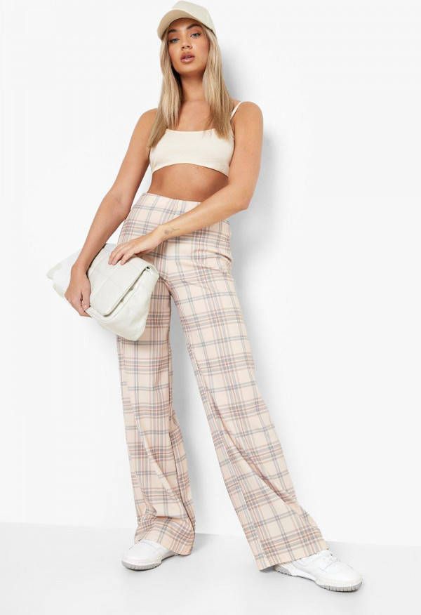 boohoo Geruite Crê, pe Broek Met Rechte Pijpen, Beige