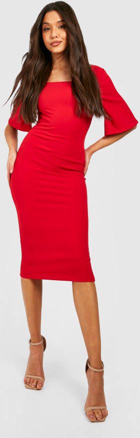 boohoo Getailleeerde Midi Jurk Met Vierkante Hals En Wijde Mouwen, Red