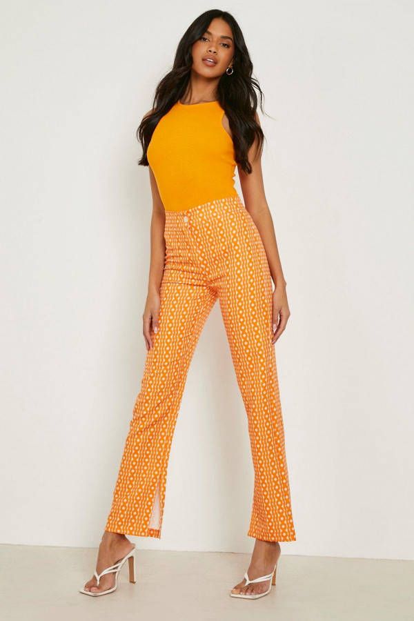 boohoo Getailleerde Broek Met Golvende Print En Split, Orange