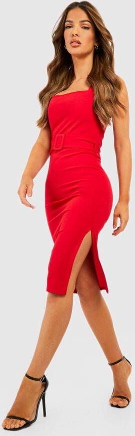 boohoo Getailleerde Midi Jurk Met Ceintuur En Vierkante Hals, Red