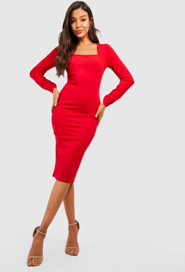 boohoo Getailleerde Midi Jurk Met Vierkante Hals En Geplooide Mouwen, Red