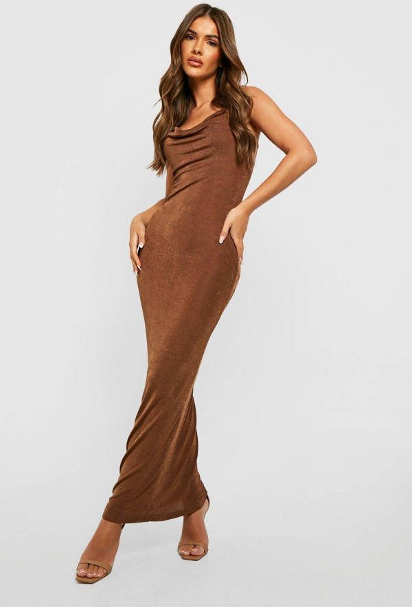 boohoo Getextuurde Strakke Maxi Jurk Met Waterval Hals, Chocolate