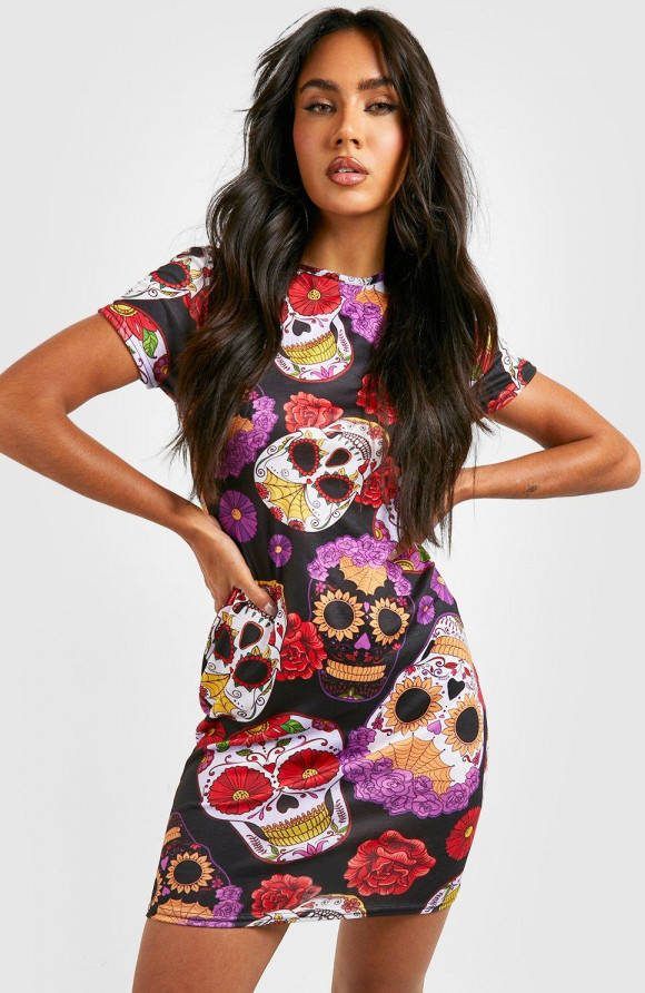 boohoo Halloween Bloemen En Schedel Mini Jurk Met Print, Multi
