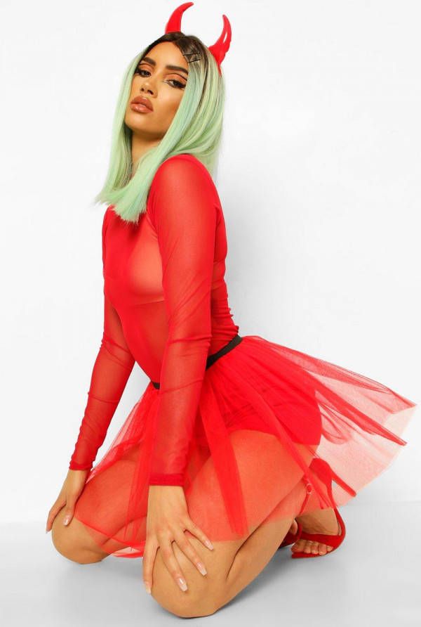 boohoo Halloween Mesh One Piece Met Lange Mouwen, Red