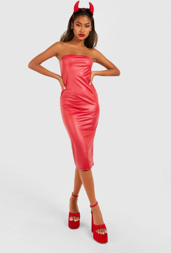 boohoo Halloween Strapless Vinylen Midi Jurk, Red