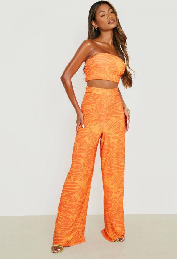 boohoo High Waist Wide Leg Broek Met Print, Orange