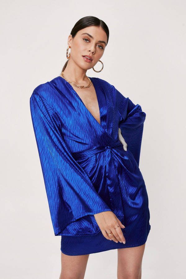 boohoo Jacquard Satijnen Dierenprint Mini Jurk Met V Hals, Cobalt