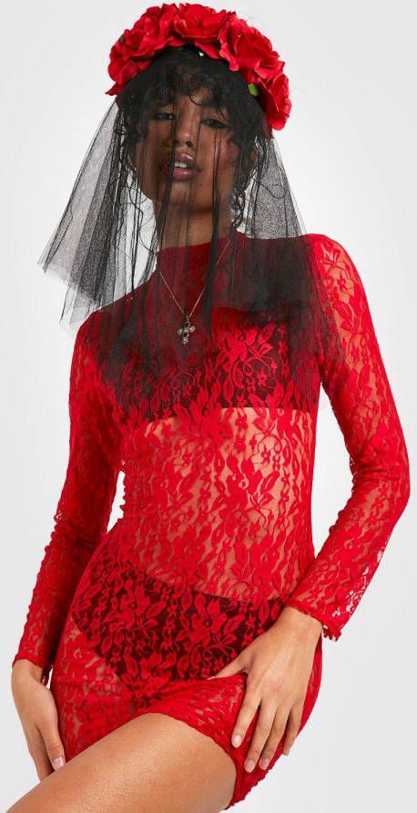 boohoo Kanten Halloween Mini Jurk Met Hoge Hals, Red