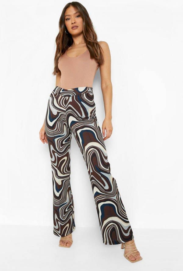 boohoo Marmerprint Broek Met V Taille En Wijde Pijpen, Blue