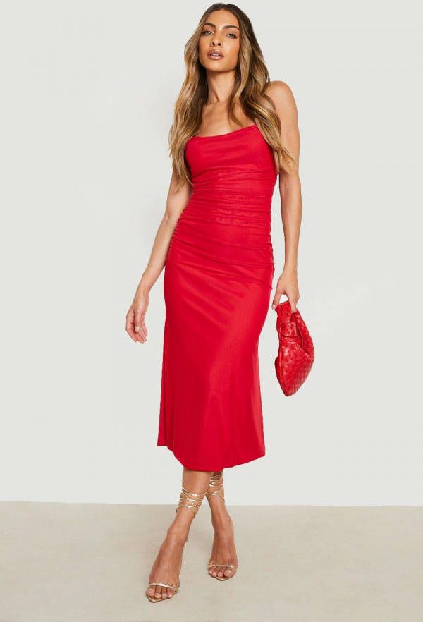 boohoo Mesh Midaxi Jurk Met Waterval Hals En Ruches, Red