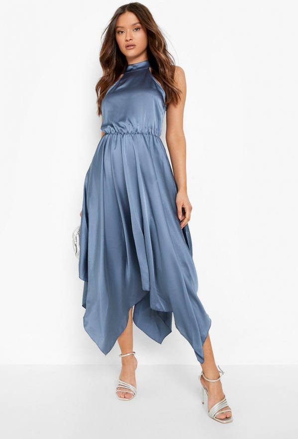 boohoo Midaxi Jurk Met Hoge Hals En Zakdoek Zoom, Dusty Blue