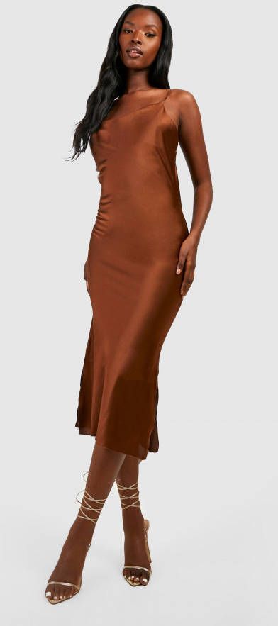boohoo Midi Jurk Met Bandjes En Waterval Hals, Chocolate