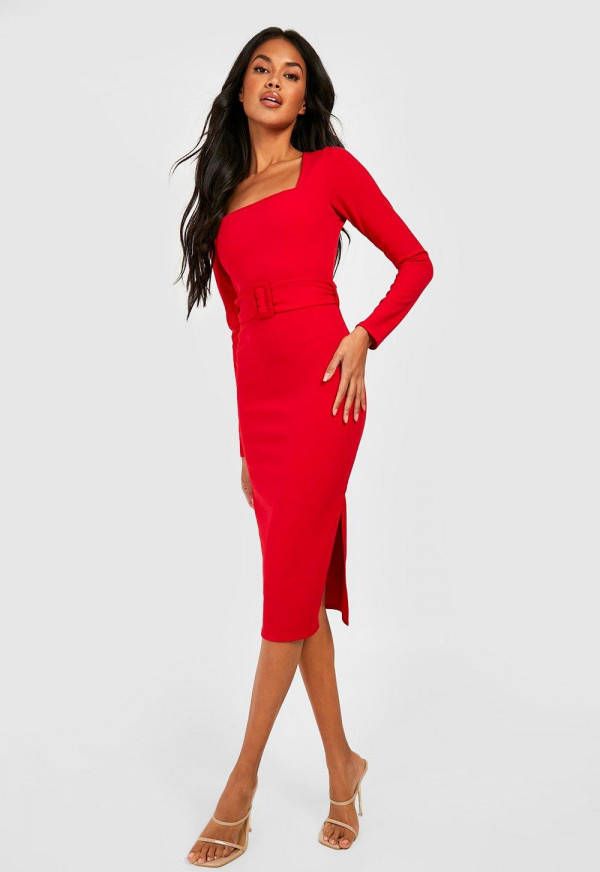 boohoo Midi Jurk Met Lange Mouwen, Vierkante Hals En Ceintuur, Red