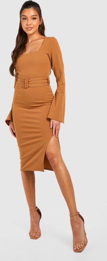 boohoo Midi Jurk Met Wijde Mouwen, Vierkante Hals En Ceintuur, Camel