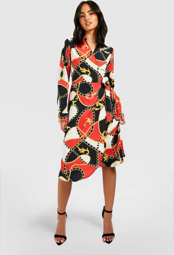 boohoo Midi Wikkel Jurk Met Print, Multi
