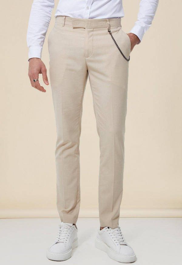 boohoo Nette Effen Skinny Fit Broek Met Ketting Detail, Beige