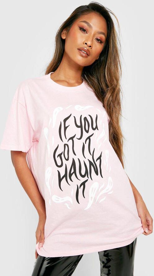 boohoo Oversized Haunt It Halloween T Shirt Met Print, Pink