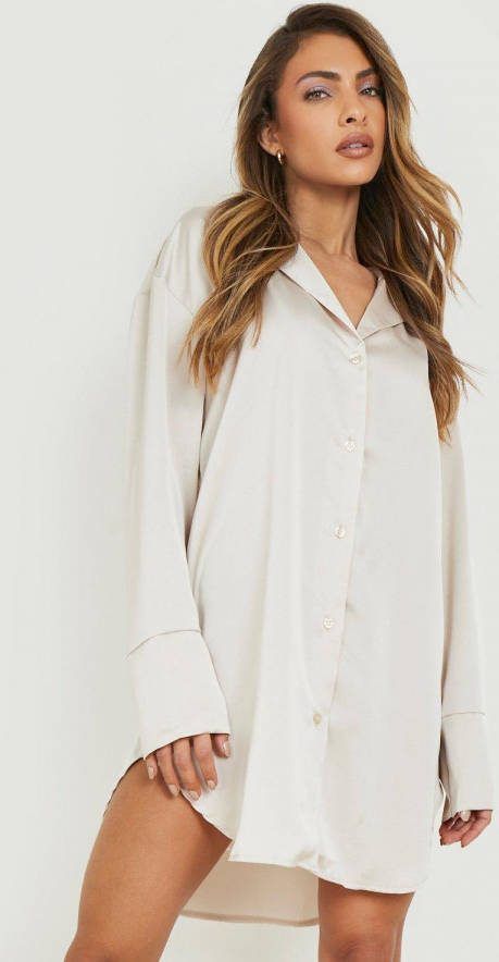 boohoo Oversized Satijnen Blouse Jurk, Cream
