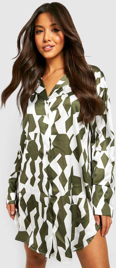 boohoo Oversized Satijnen Blouse Jurk Met Abstracte Print, Khaki