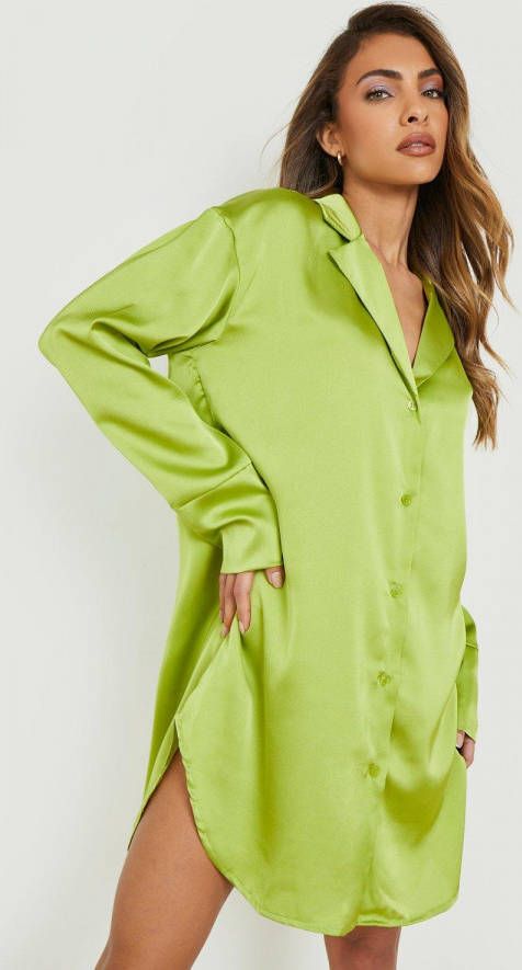 boohoo Oversized Satijnen Blouse Jurk, Olive