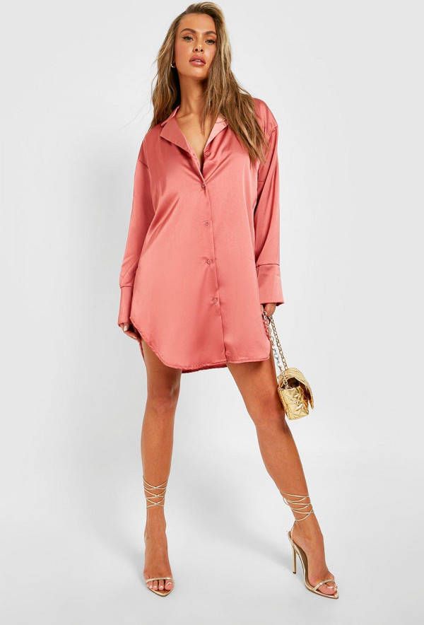 boohoo Oversized Satijnen Blouse Jurk, Terracotta