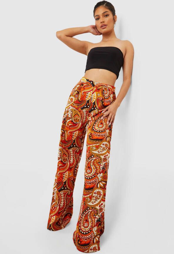boohoo Paisley Print Wide Leg Broek Met Zijsplit, Orange