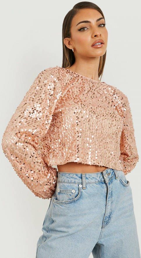 boohoo Parel Glitter Top Met Ketting Detail En Pailletten, Pale Pink