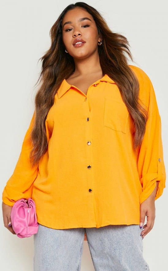 boohoo Plus Geweven Blouse Met Ketting En Textuur, Orange