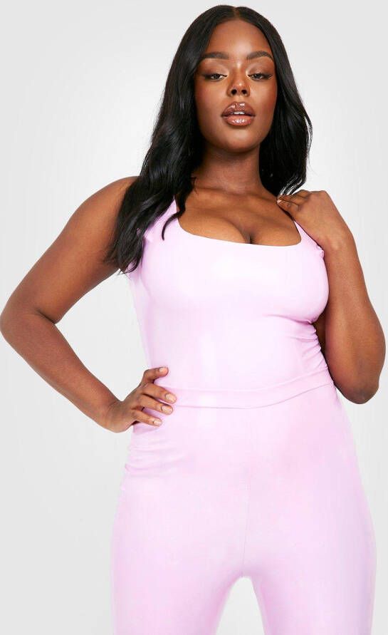 boohoo Plus Vinylen Halloween One Piece Met Lage Ronde Hals, Hot Pink